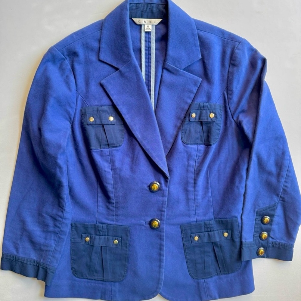 Blue Blazer Gold Button Utility Jacket Cotton Stretch Size 6 CAbi - Picture 2 of 8